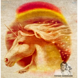 May include: A vintage iron-on patch featuring a white unicorn with a gold horn and flowing mane against a red, orange, and yellow rainbow background. The unicorn is surrounded by sparkling stars. The patch has the text "Air Waves" in a white font.