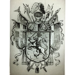May include: A black and white illustration of a coat of arms featuring a lion holding a sword and a shield with a checkered pattern. The coat of arms is surrounded by a helmet, swords, and banners.