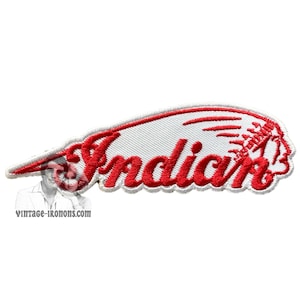 May include: Red embroidered patch with the word "Indian" in a white cursive font. The patch features a stylised Native American headdress with feathers.