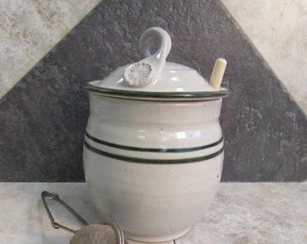Honey jar, honey container, canister, green & white pottery, made in Montana, honey pot, stoneware