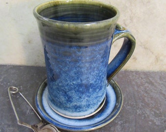 coffee mug, mug & coaster set, blue - black mug, handmade mug, cup, tea mug, ceramic mug, one of a kind, original mug, made in Montana