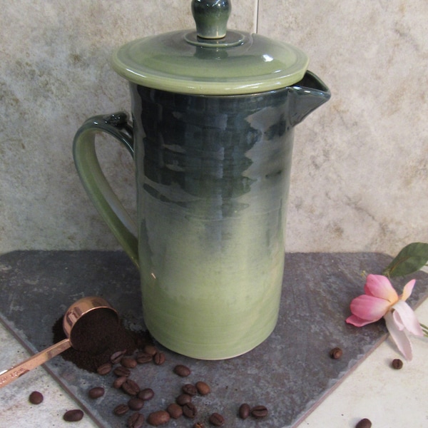 Coffee press, green and midnight blue coffee press, coffee pot, French press, made in Montana, western pottery, stoneware, coffee pot