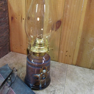 lamp, oil lamp, brown & blue lamp, hurricane lamp, kerosene lamp, made in Montana, hand made, stoneware, pottery lamp