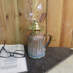lamp, oil lamp, brown & blue lamp, hurricane lamp, kerosene lamp, made in Montana, hand made, stoneware, pottery lamp