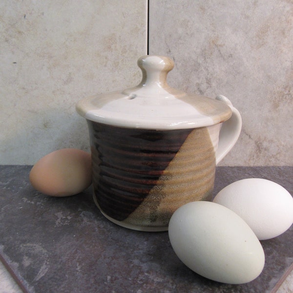 Egg Cooker, Egg Pot, Brown white & Blue Pottery, Microwave Egg Cooker, Egg Crock, Stoneware Container, Made in Montana, small cooking pot