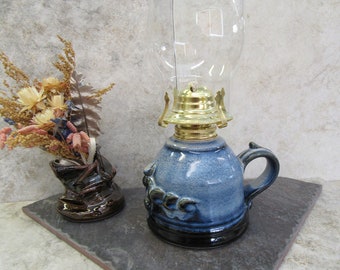 lamp, hurricane lamp, oil lantern, black & blue lamp, kerosene lamp, oil lamp, stoneware, made in Montana, romantic light