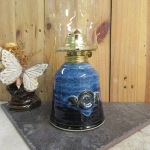 lamp, oil lamp, black & blue lamp, hurricane lamp, kerosene lamp, made in Montana, hand made, stoneware, pottery lamp