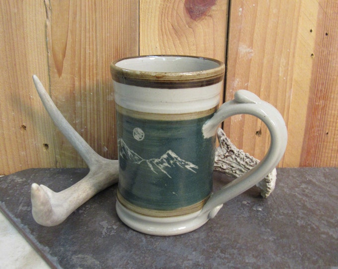 Mug, Mountain Mug, White & Green Band Mug, Pottery, Western, Made in