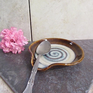 Spoon Rest, brown & blue orange spoon rest, pottery spoon rest, spoon holder, tea bag holder, kitchen gadget, made in Montana, spoon plate