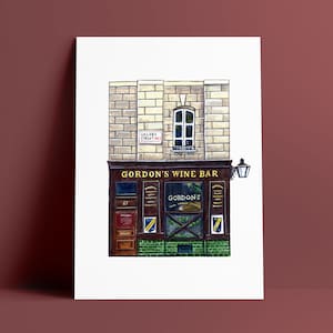 Grabado de Gordon&#39;s Wine Bar en Londres: Villiers Street Gouache Art