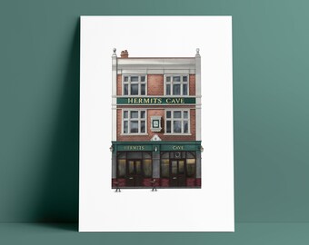 The Hemits Cave pub print, Camberwell Green, South London Print SE5, Illustrated Wall Art