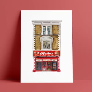 Puede incluir: Una pintura de acuarela de un edificio de ladrillo con un toldo rojo que dice "Morley's". El edificio tiene dos ventanas y una puerta. Hay imágenes de comida en el toldo.