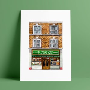 London Prints: F.Cooke Pie and Mash shop // Hackney Broadway market Print // Illustrated Wall Art
