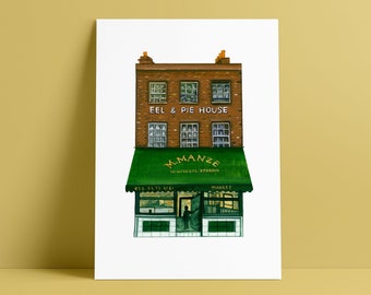 London Prints: M.Manze Pie and Mash shop // South London Peckham Print // Illustrated Wall Art