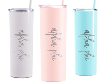 Alpha Phi Laser Engraved Skinny Tumbler with Straw - Script