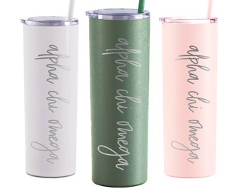 Alpha Chi Omega Laser Engraved Skinny Tumbler with Straw