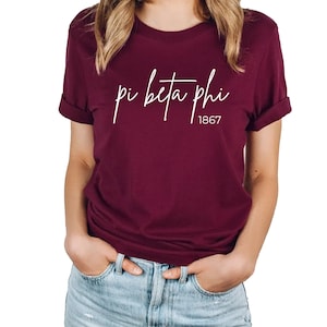 Pi Beta Phi Classic Collegiate T-shirt, Script Design 1867, Maroon T-shirt
