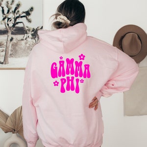 Gamma Phi Beta Retro Floral Hoodie - Gamma Phi, Pink Hoodie, Front & Back, Greek Apparel