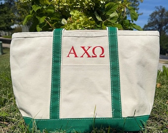 Alpha Chi Omega Embroidered Classic Canvas Tote - Travel Bag with Zipper, Trendy Gift Idea, Sorority Merch, Bid Day