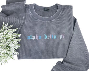 Alpha Delta Pi Corded Crewneck Sweatshirt - Embroidered Old English Font