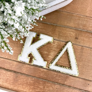 Kappa Delta Iron-On Varsity Greek Letter Patch Set, Chenille Patches, Gold Glitter Trim, DIY Project