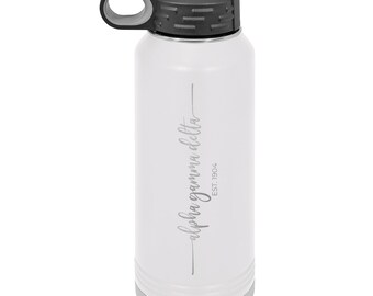 Alpha Gamma Delta Est. 1904 Script Water Bottle - White, Big Little Gift, Bid Day, Alumna
