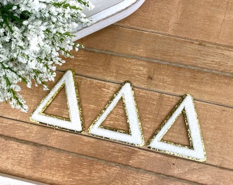 Delta Delta Delta Iron-On Varsity Greek Letter Patch Set, Chenille Patches, Gold Glitter Trim, DIY Project