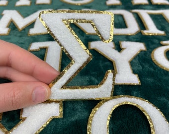 Custom Greek Iron-On Chenille Patches, White with Gold Glitter Trim, DIY Sorority Gifts, Jean Jacket Patches,
