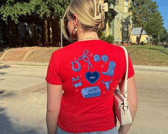Alpha Omicron Pi Denim Cowgirl Collage - Baby Tee, Western Sorority T-Shirt