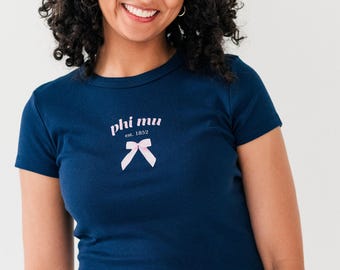Phi Mu Coquette Bow - Navy, Baby Doll Tee,  Crop Top