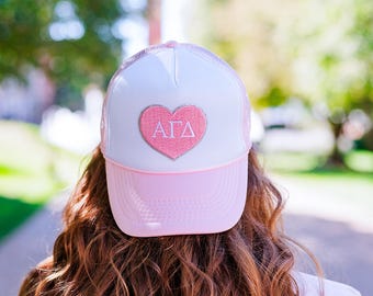 Alpha Gamma Delta Heart Patch Hat - Embroidered Patch Hat, Trucker Hat, Big Little Gift, Sorority Hat
