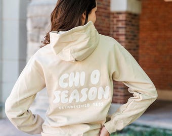 Chi Omega Tan Hoodie with Puff Design - Foxy Season