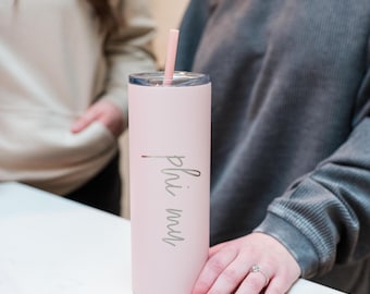 Vaso delgado Phi Mu con pajita y grabado láser