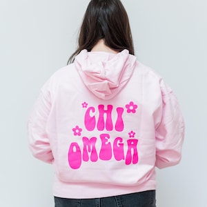 Chi Omega Retro Floral Hoodie - Pink Hoodie, Front & Back, Greek Apparel