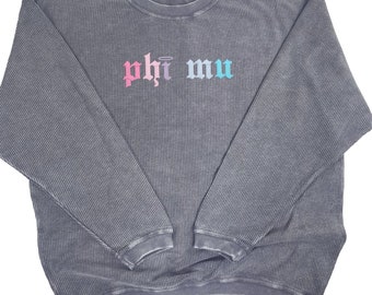 Phi Mu Corded Crewneck Sweatshirt - Embroidered Old English Font