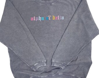 Alpha Xi Delta Corded Crewneck Sweatshirt - Embroidered Old English Font