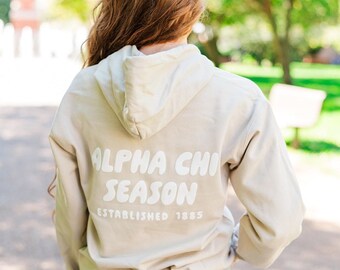 Alpha Chi Omega Tan Hoodie with Puff Design - Foxy Season
