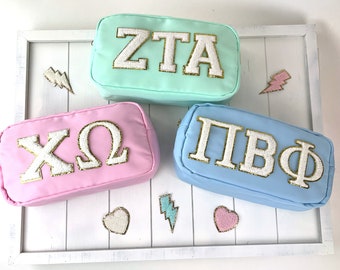 Custom Sorority Letter Bag, Chenille Patches, Zipper Bag, Greek Letters, Big Little Gift, Bid Day, Makeup Bag, Travel Bag, Sorority Letters