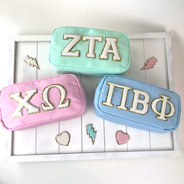 Custom Sorority Letter Bag, Chenille Patches, Zipper Bag, Greek Letters, Big Little Gift, Bid Day, Makeup Bag, Travel Bag, Sorority Letters