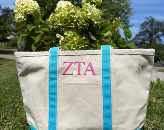 Zeta Tau Alpha Embroidered Classic Canvas Tote - Travel Bag with Zipper, Trendy Gift Idea, Sorority Merch, Bid Day
