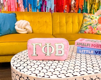 Gamma Phi Beta Nylon Makeup Travel Bag, Glitter Greek Letter Chenille Patch, Pink Sorority Bag, Cosmetic Case, Big Little Reveal Gift