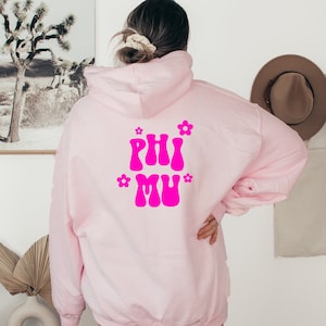 Phi Mu Retro Floral Hoodie - Pink Hoodie, Front & Back, Greek Apparel