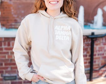 Alpha Gamma Delta Tan Hoodie with Puff Design - Foxy Season