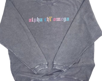 Alpha Chi Omega Corded Crewneck Sweatshirt - Embroidered Old English Font