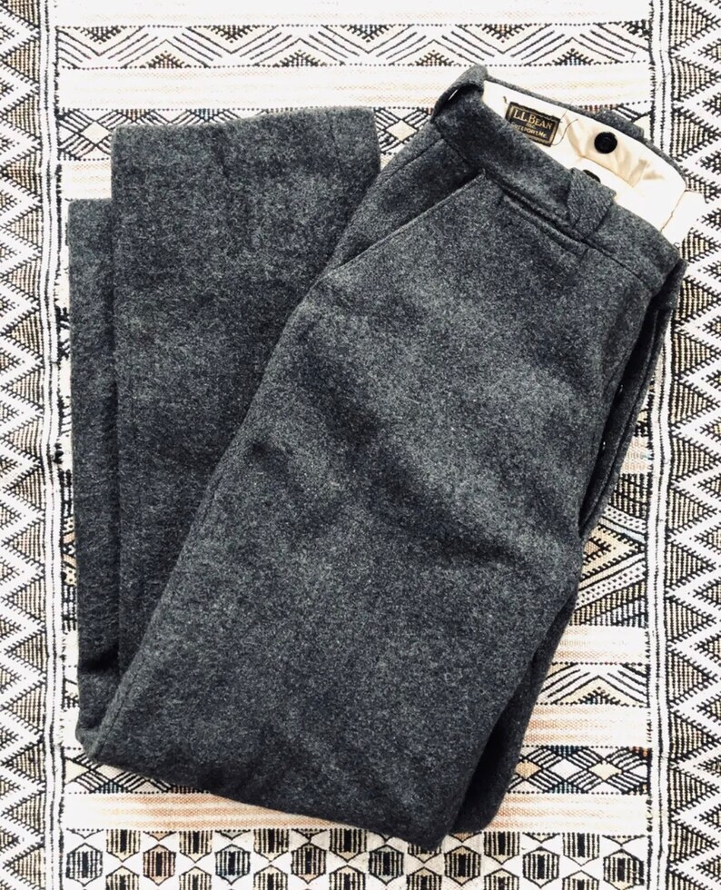 1930s Era L.L. Bean Wool Hunting Pants gold & Black Logo Vintage Grey Trousers USA Made 34 X 33