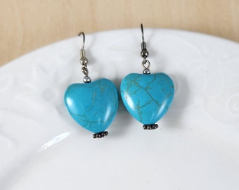 Turquoise earrings ,Turquoise heart earrings, handmade earrings, Turquoise jewelry, gift earrings, mom gift