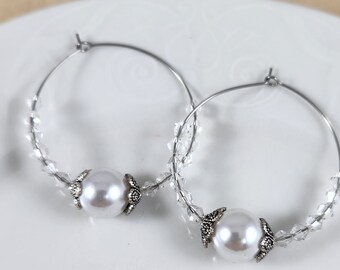 Pearl hoop earrings, handmade hoop earrings, silver Pearl earrings
