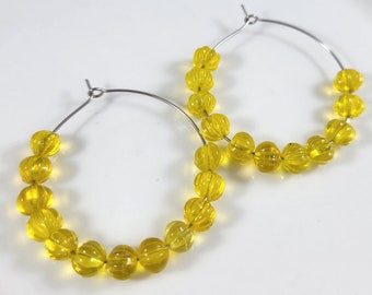 Yellow Beaded Hoop Earrings: Boho Jewelry