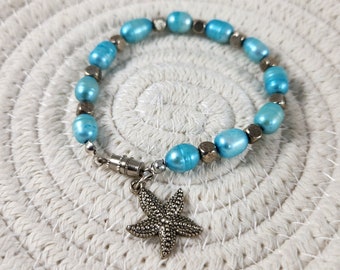 Blue pearl bracelet,  starfish bracelet, ocean jewelry, pearl bracelet