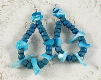Blue earrings, shell earrings,mother of pearl earrings, teardrop earrings, handmade, bead earrings, boho earrings, gift for her, ocean